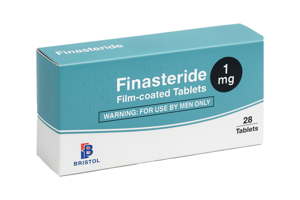Box of Finasteride film-coated tablets with Bristol logo on a white background